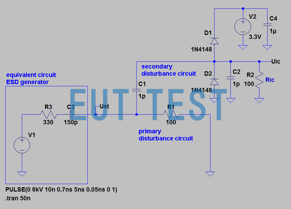 Figure 1 Simplified equivalent circuit of an ESD gun with integrated IC inputs. Input with protection diode