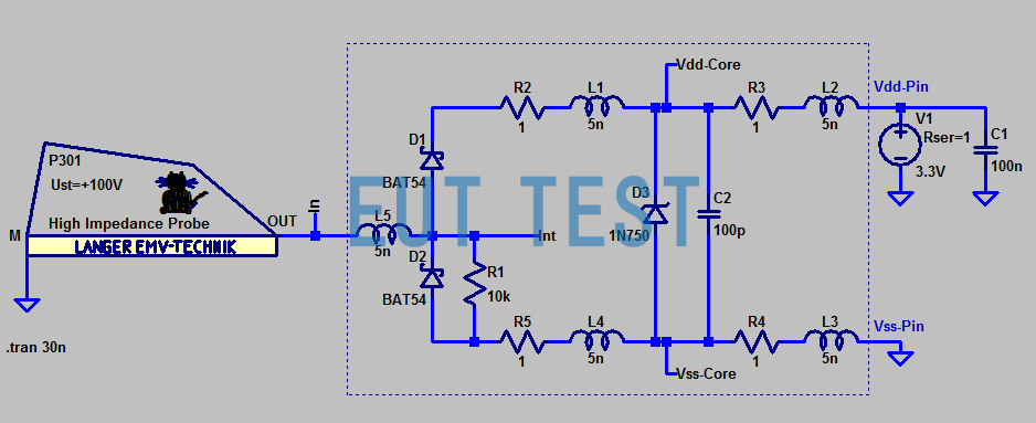 Fig. 9 Simplified LTSpice model of the high impedance probe P301 at the input of the IC equivalent circuit