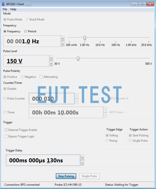 Configuration diagram for BPS 202-client software with single pulse mode selected