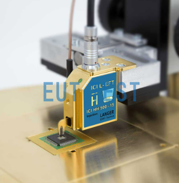 ICI HH500-15 L-EFT Magnetic Field Injection Probe Tested with Clamps Attached Above the Chip